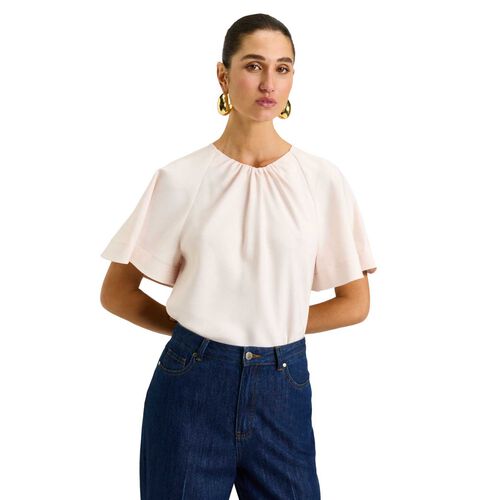 Veronika Maine Champagne Drapey Viscose Twill Tucked Neck Tee Top